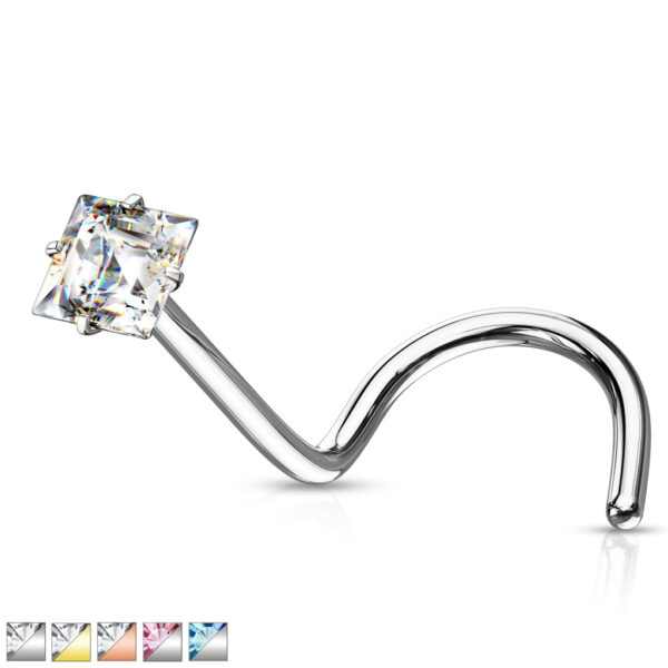 Neus screw piercing met helder vierkant CZ prong-set