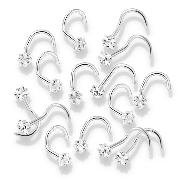 Neus screw piercing met helder vierkant CZ prong-set - Afbeelding 2