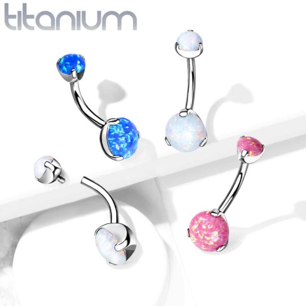 Titanium navelpiercing intern geschroefd met dubbel opaal prong-set - Afbeelding 5