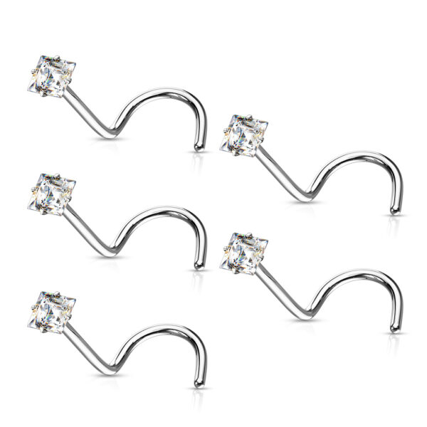 Neus screw piercing met helder vierkant CZ prong-set - Afbeelding 3