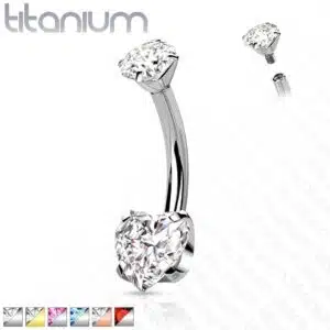 Titanium navelpiercing intern geschroefd met hart prong en ronde CZ steen