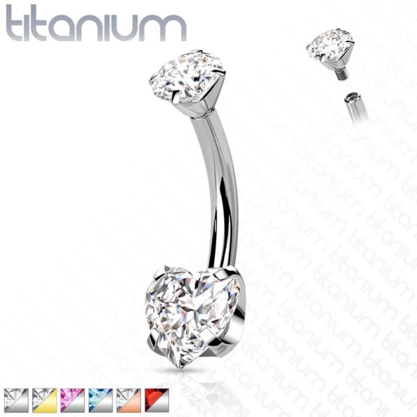 Titanium navelpiercing intern geschroefd met hart prong en ronde CZ steen