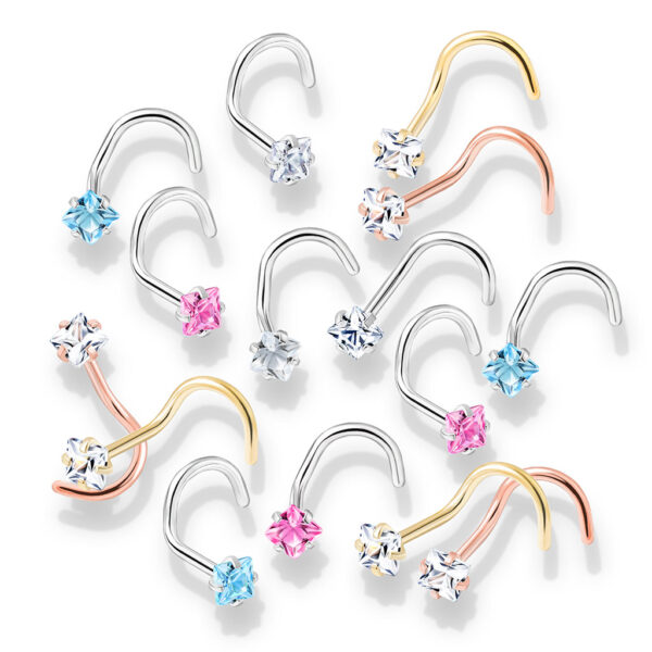 Neus screw piercing met helder vierkant CZ prong-set - Afbeelding 4