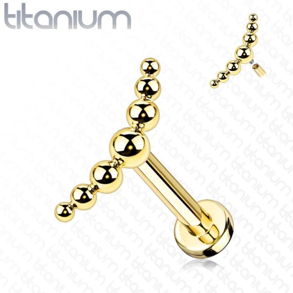 Intern geschroefde labret piercing van titanium met 3 balletjes in boog - Afbeelding 9