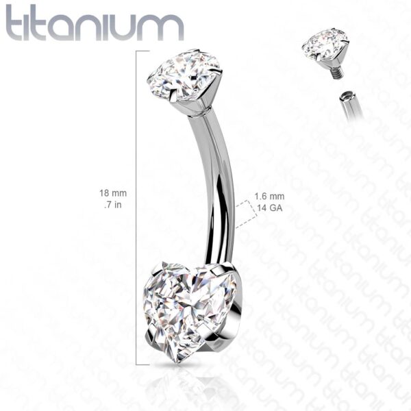 Titanium navelpiercing intern geschroefd met hart prong en ronde CZ steen - Afbeelding 2