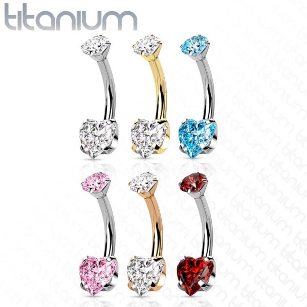 Titanium navelpiercing intern geschroefd met hart prong en ronde CZ steen - Afbeelding 3