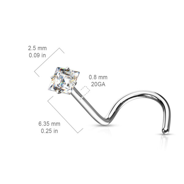 Neus screw piercing met helder vierkant CZ prong-set - Afbeelding 6