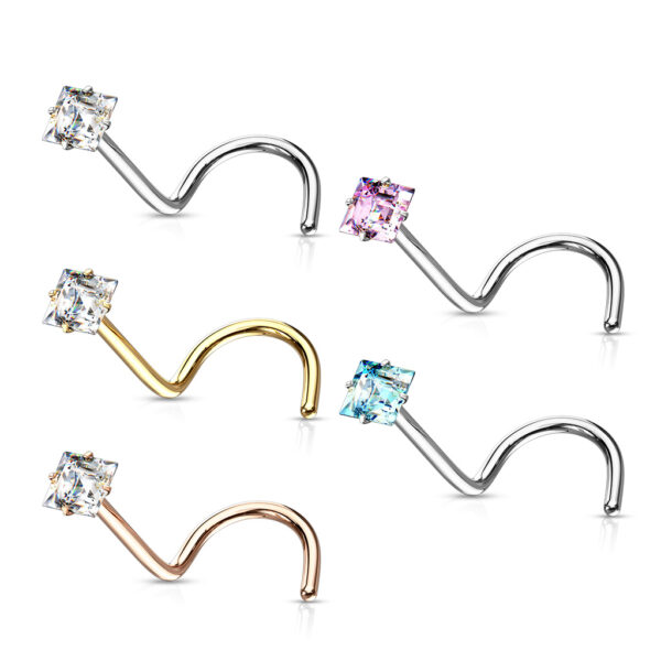 Neus screw piercing met helder vierkant CZ prong-set - Afbeelding 7