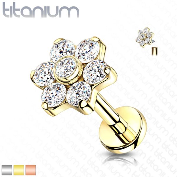 Intern geschroefde labret piercing van titanium met bloemetje met cz-steentjes