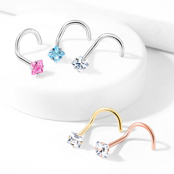 Neus screw piercing met helder vierkant CZ prong-set - Afbeelding 9