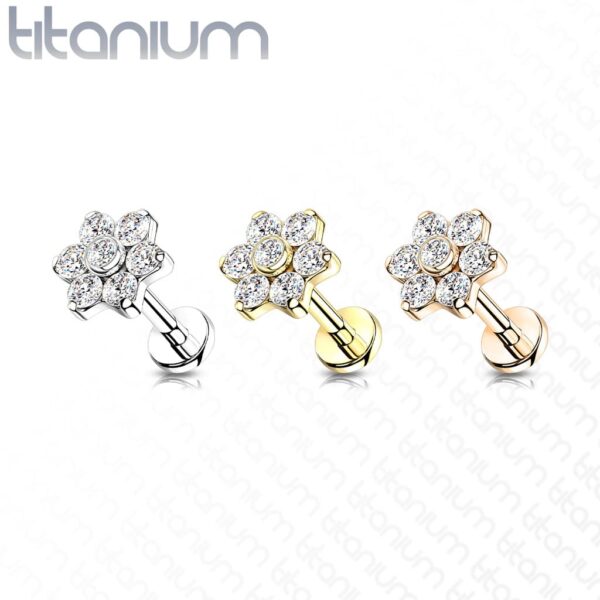 Intern geschroefde labret piercing van titanium met bloemetje met cz-steentjes - Afbeelding 3