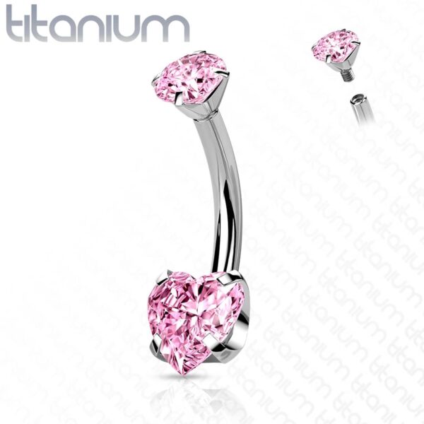 Titanium navelpiercing intern geschroefd met hart prong en ronde CZ steen - Afbeelding 7