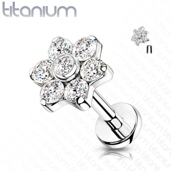 Intern geschroefde labret piercing van titanium met bloemetje met cz-steentjes - Afbeelding 8