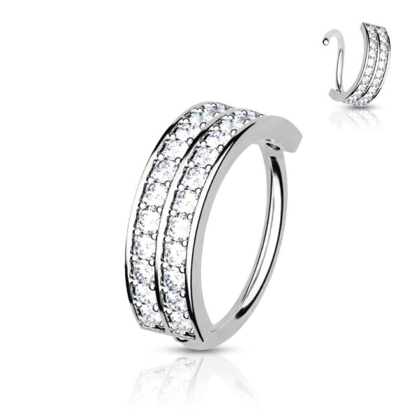 Piercing ring met dubbel omlijnde halve cirkel met ingelegde CZ steentjes - Afbeelding 3