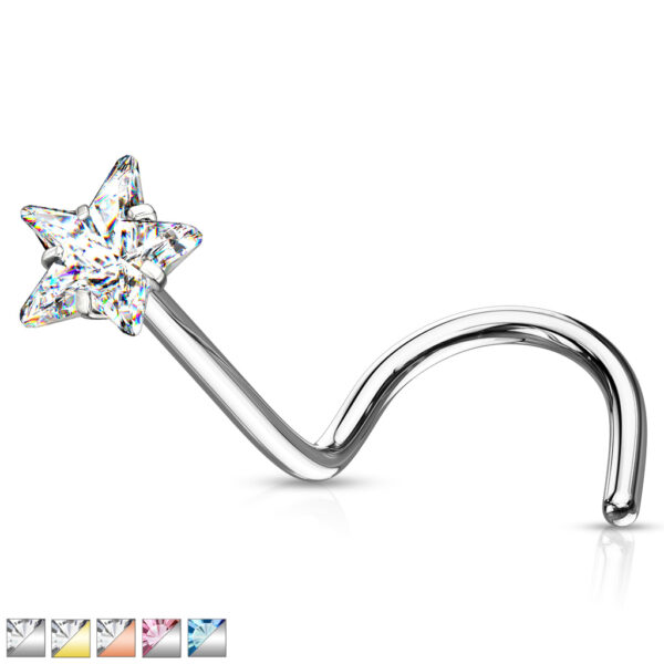 Neus screw piercing met helder ster CZ prong-set