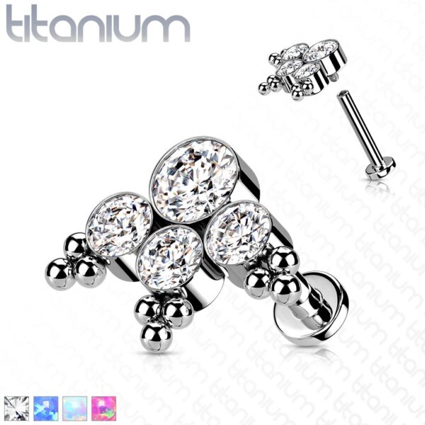 Intern geschroefde labret piercing van titanium met 3 heldere cz steen en balletjes
