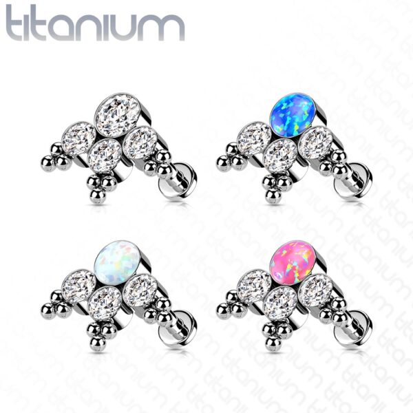 Intern geschroefde labret piercing van titanium met 3 heldere cz steen en balletjes - Afbeelding 3