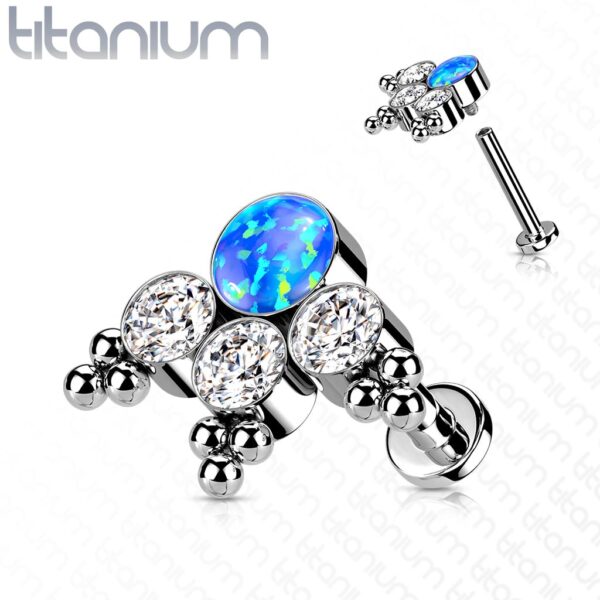 Intern geschroefde labret piercing van titanium met 3 heldere cz steen en balletjes - Afbeelding 5