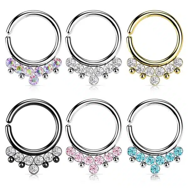 Piercing ring met 7 stralende CZ stenen en kralen