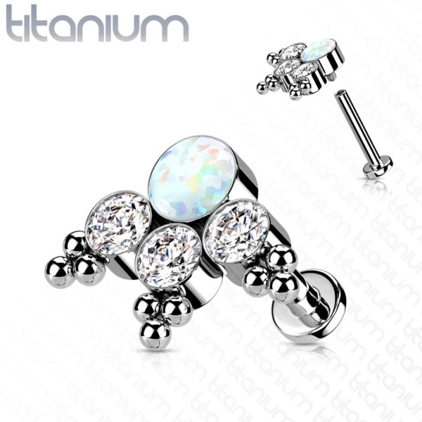 Intern geschroefde labret piercing van titanium met 3 heldere cz steen en balletjes - Afbeelding 10