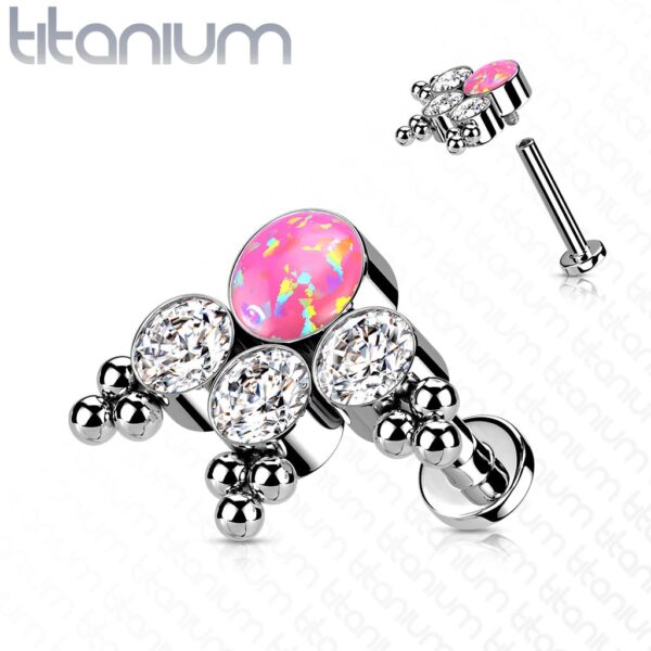 Intern geschroefde labret piercing van titanium met 3 heldere cz steen en balletjes - Afbeelding 11