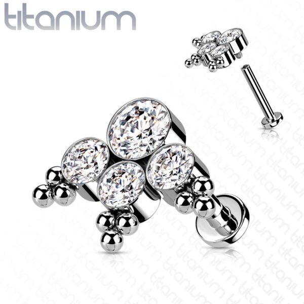 Intern geschroefde labret piercing van titanium met 3 heldere cz steen en balletjes - Afbeelding 12