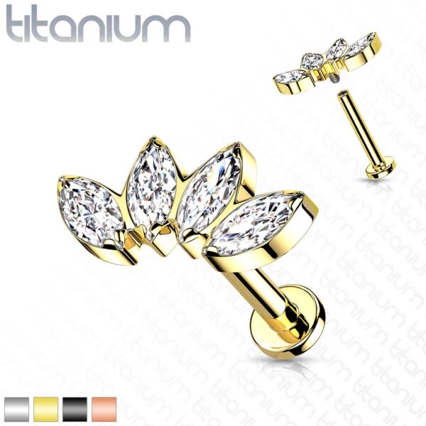 Intern geschroefde labret piercing van titanium CZ steentjes in blad-vorm