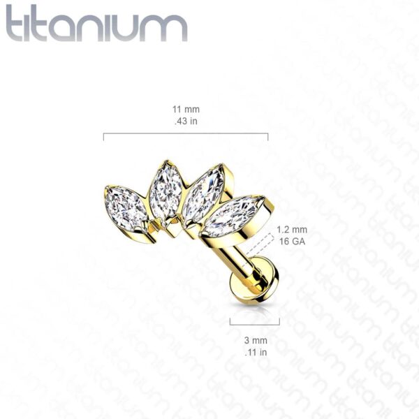 Intern geschroefde labret piercing van titanium CZ steentjes in blad-vorm - Afbeelding 2