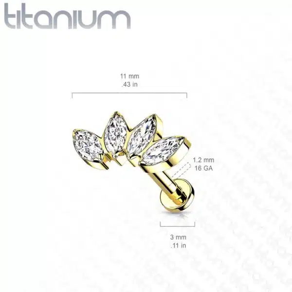 Intern geschroefde labret piercing van titanium CZ steentjes in blad-vorm - Afbeelding 2