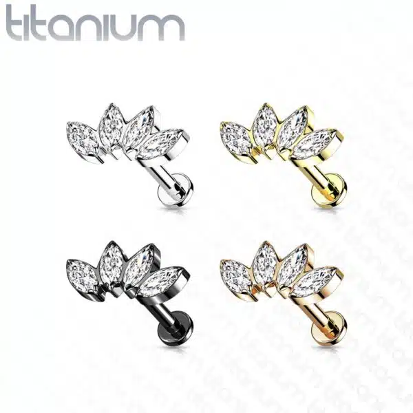 Intern geschroefde labret piercing van titanium CZ steentjes in blad-vorm - Afbeelding 3
