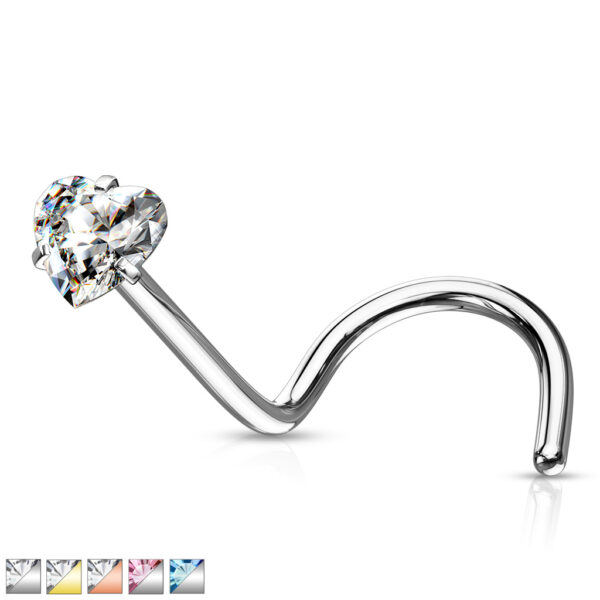 Neus screw piercing met helder hart CZ prong-set