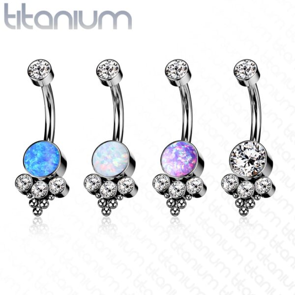 Titanium navelpiercing met opaal/CZ en tros van CZ stenen - Afbeelding 3