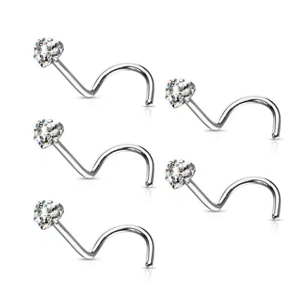 Neus screw piercing met helder hart CZ prong-set - Afbeelding 3