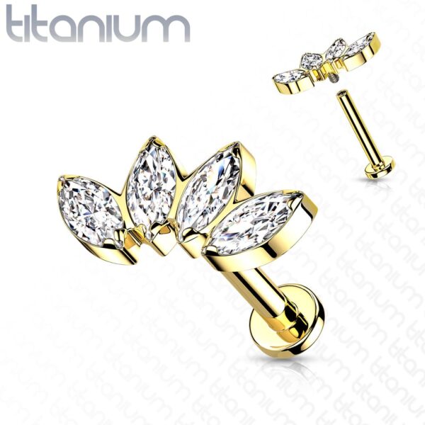Intern geschroefde labret piercing van titanium CZ steentjes in blad-vorm - Afbeelding 6