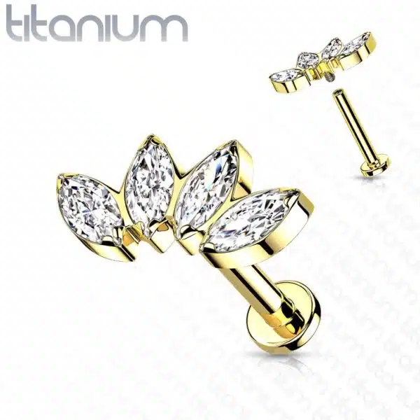 Intern geschroefde labret piercing van titanium CZ steentjes in blad-vorm - Afbeelding 6