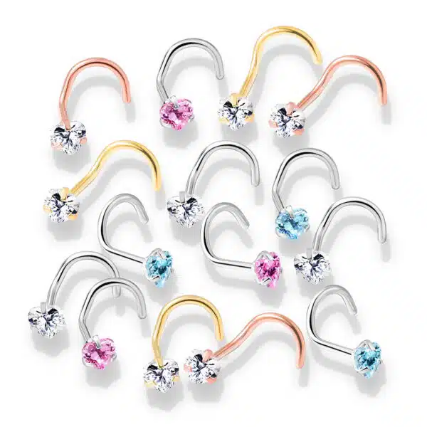 Neus screw piercing met helder hart CZ prong-set - Afbeelding 4