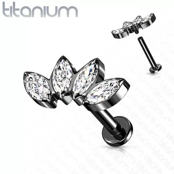 Intern geschroefde labret piercing van titanium CZ steentjes in blad-vorm - Afbeelding 7