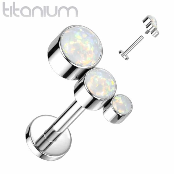 Intern geschroefde labret piercing met 3 ronde opaal stenen - Afbeelding 4