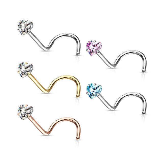 Neus screw piercing met helder hart CZ prong-set - Afbeelding 5
