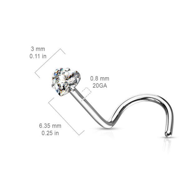 Neus screw piercing met helder hart CZ prong-set - Afbeelding 6