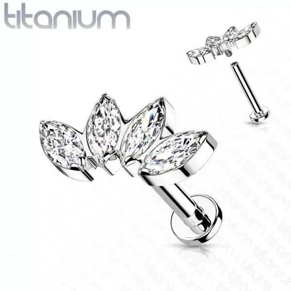 Intern geschroefde labret piercing van titanium CZ steentjes in blad-vorm - Afbeelding 9