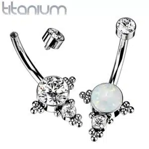 Titanium navelpiercing met opaal/CZ en tros van CZ trosjes