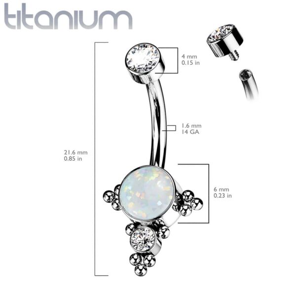 Titanium navelpiercing met opaal/CZ en tros van CZ trosjes - Afbeelding 2