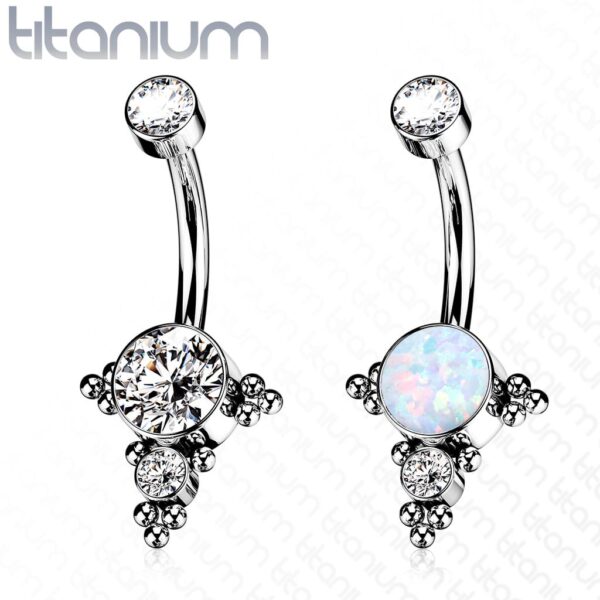 Titanium navelpiercing met opaal/CZ en tros van CZ trosjes - Afbeelding 3