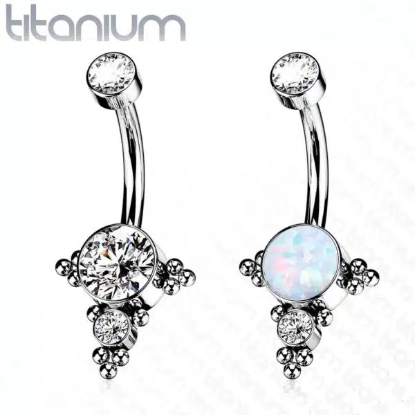 Titanium navelpiercing met opaal/CZ en tros van CZ trosjes - Afbeelding 3