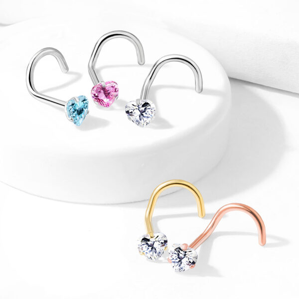 Neus screw piercing met helder hart CZ prong-set - Afbeelding 9