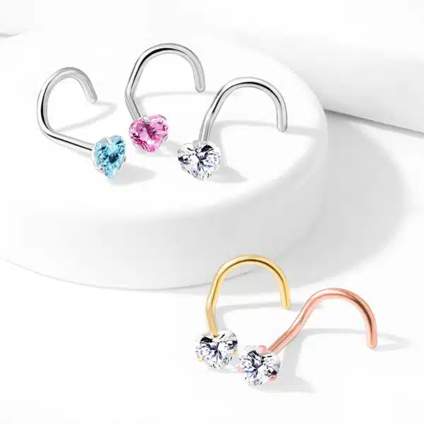 Neus screw piercing met helder hart CZ prong-set - Afbeelding 9