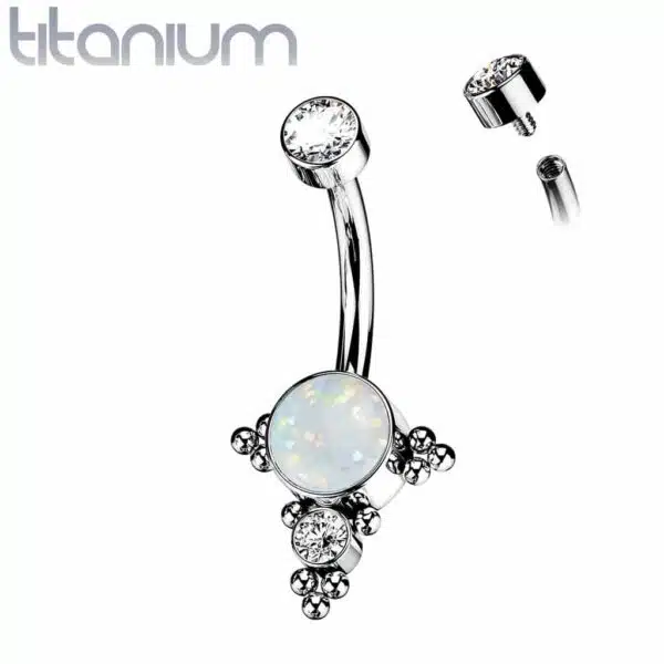 Titanium navelpiercing met opaal/CZ en tros van CZ trosjes - Afbeelding 4