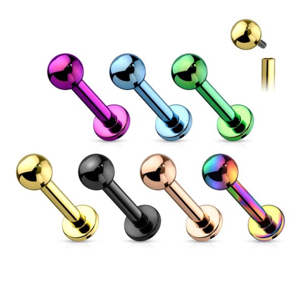 Intern geschroefde labret piercing van titanium met coating in verschillende kleuren - Afbeelding 3