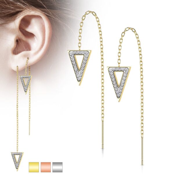 Paar threader oorbellen met ketting en triangle belegd met kristallen